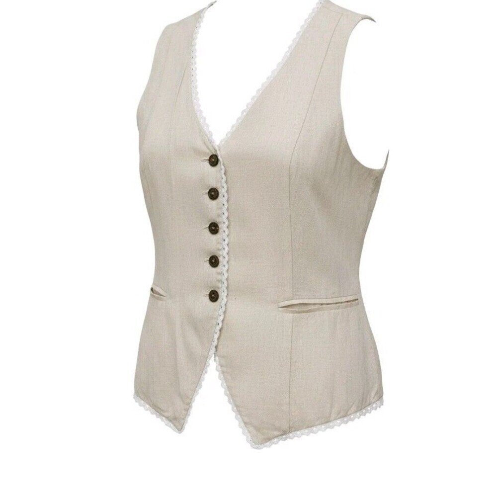 Bagatelle  Linen Blend Button Vest Oatmeal Lace Trim V-Neck Pockets Medium